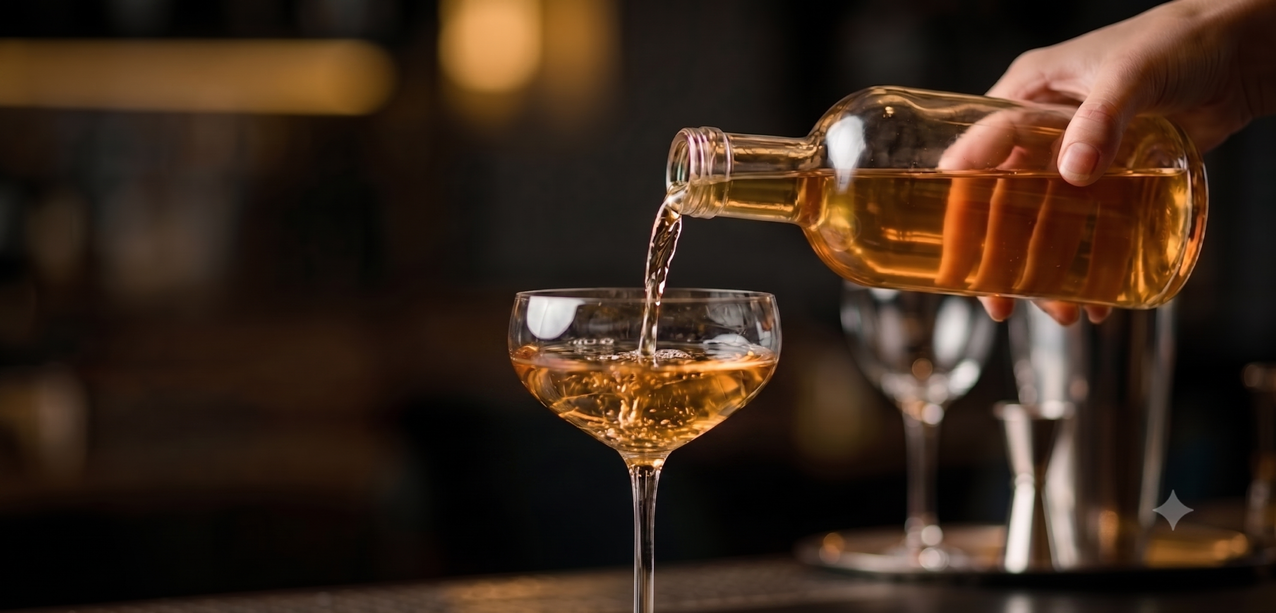 En cocktail bliver hældt op i et glas i en mørk bar, kobberfarvet lys reflekteres i glasset